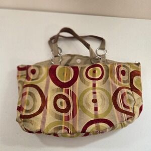 Midi Queen Chenille Tapestry Tote Bag Red Gold Geometric Circles MCM Boho Large